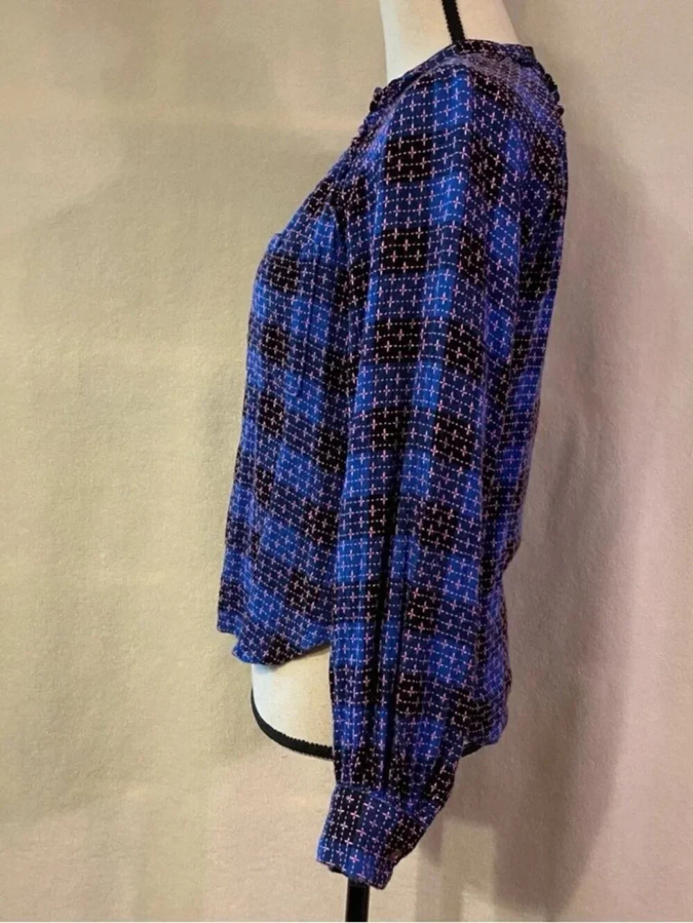 Pilcro Anthropologie blue pink black plaid ruffle button down shirt
